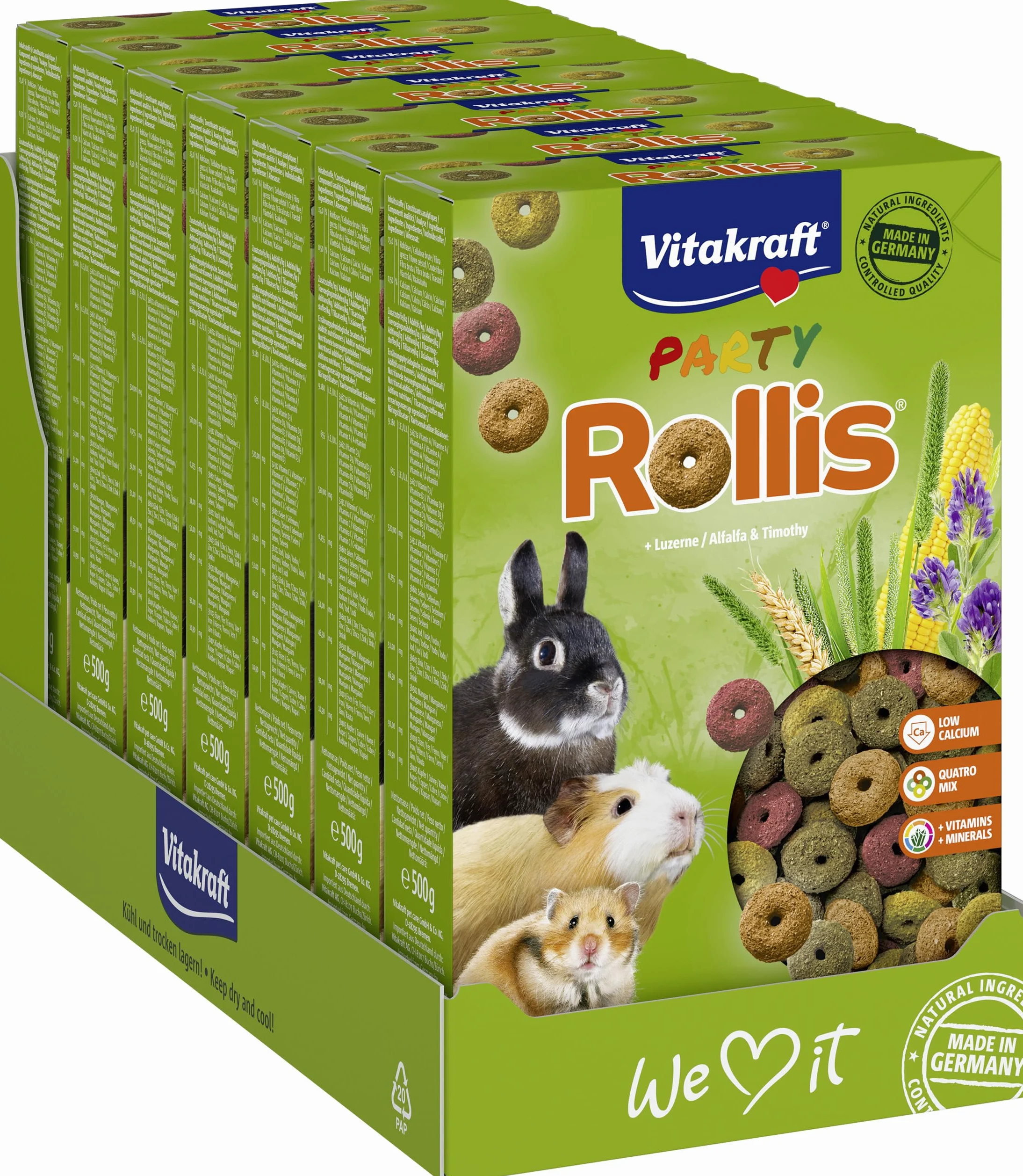 Vitakraft Rollis, anillos crujientes para roedores, bajos en calcio, con alfalfa, como complemento del alimento principal o como tentempié entre comidas, sin azúcar añadido ni cereales (7x 500g)