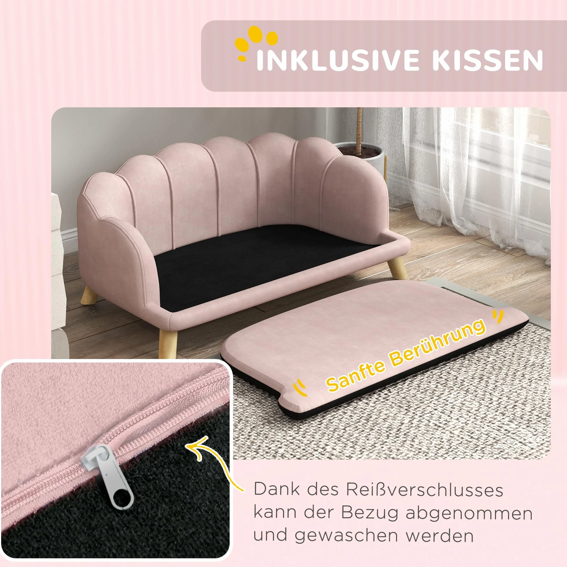 PawHut sofá para Perros, Funda Lavable, sofá para Mascotas con Respaldo y Patas de Madera, sofá para Gatos, para Perros medianos de Menos de 25 kg, Rosa