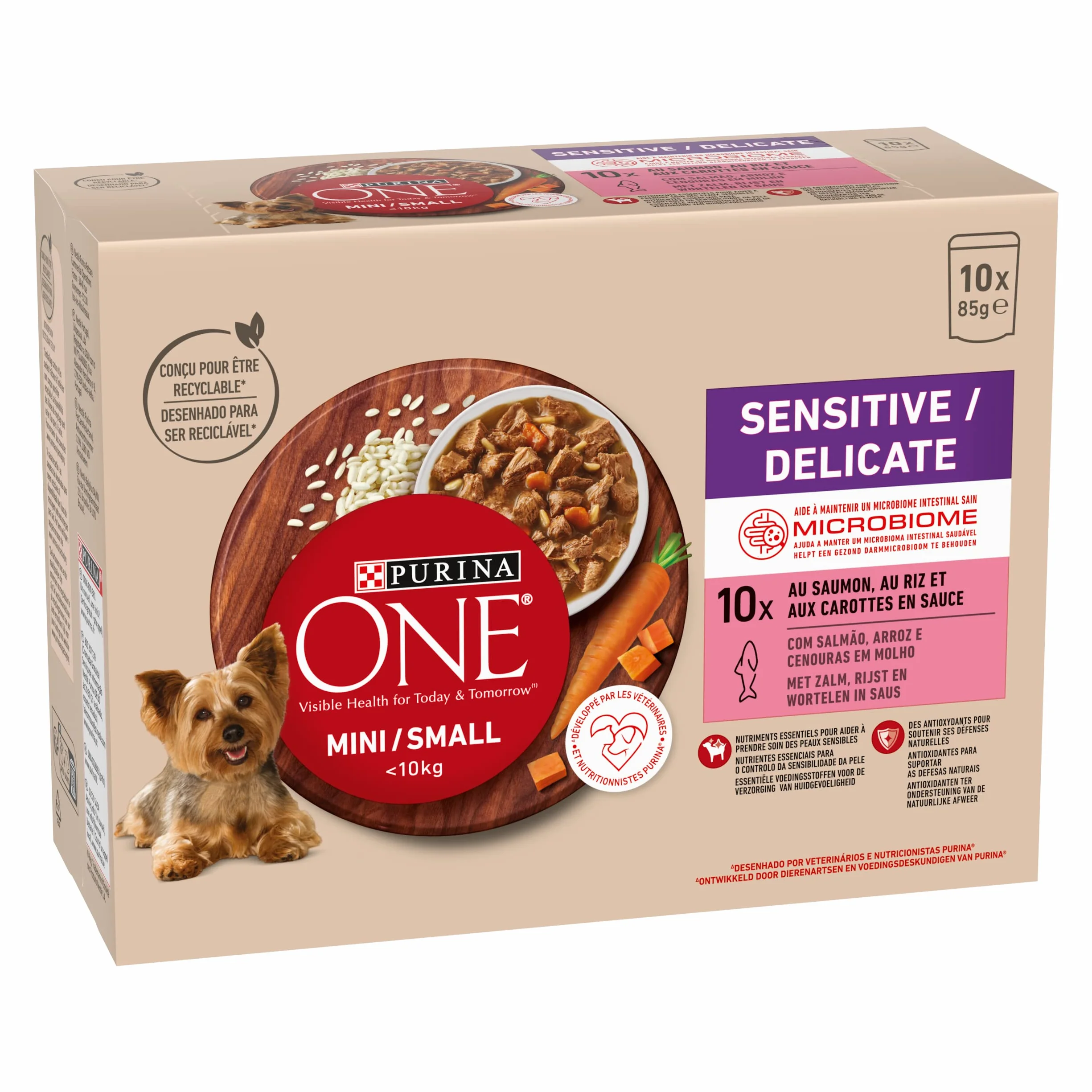 PURINA ONE Mini/Small <10 kg Sensitive/Delicado, Afilado con salmón, arroz y zanahorias en salsa para perros adultos de tamaño pequeño | Digestión sensible bolsas de comida 10 x 85 g | Lote de 6