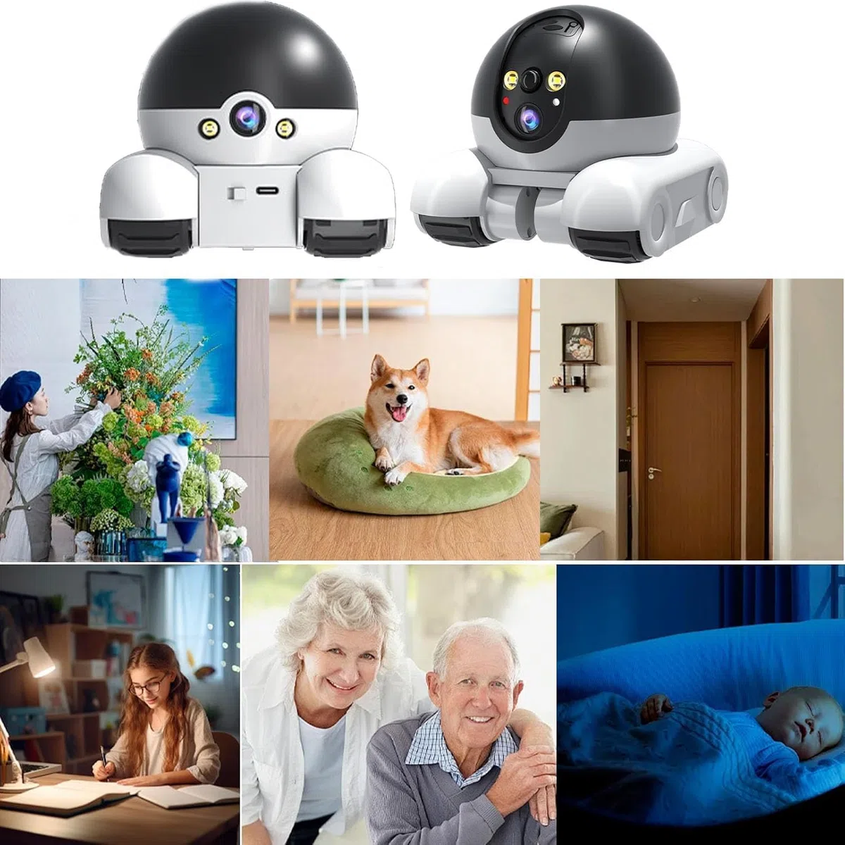 Robot de Cámara de Mascotas, Cámara de Seguridad Robot Wi-Fi Camera con Ruedas 1080P Doble Lens Control Remoto en Hogar Trabajo Mascotas
