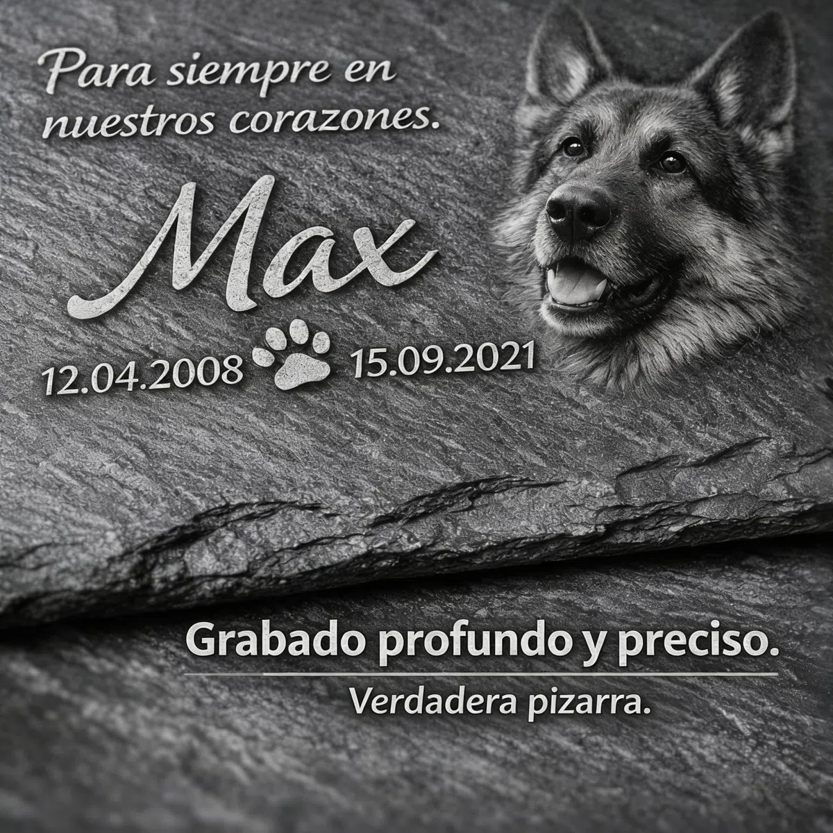 Placa Conmemorativa Personalizada para Mascotas en Pizarra Natural – Memorial para Perro o Gato con Foto y Texto Grabado – Apta para Exterior – 30x15 / 30x20 / 40x30 cm
