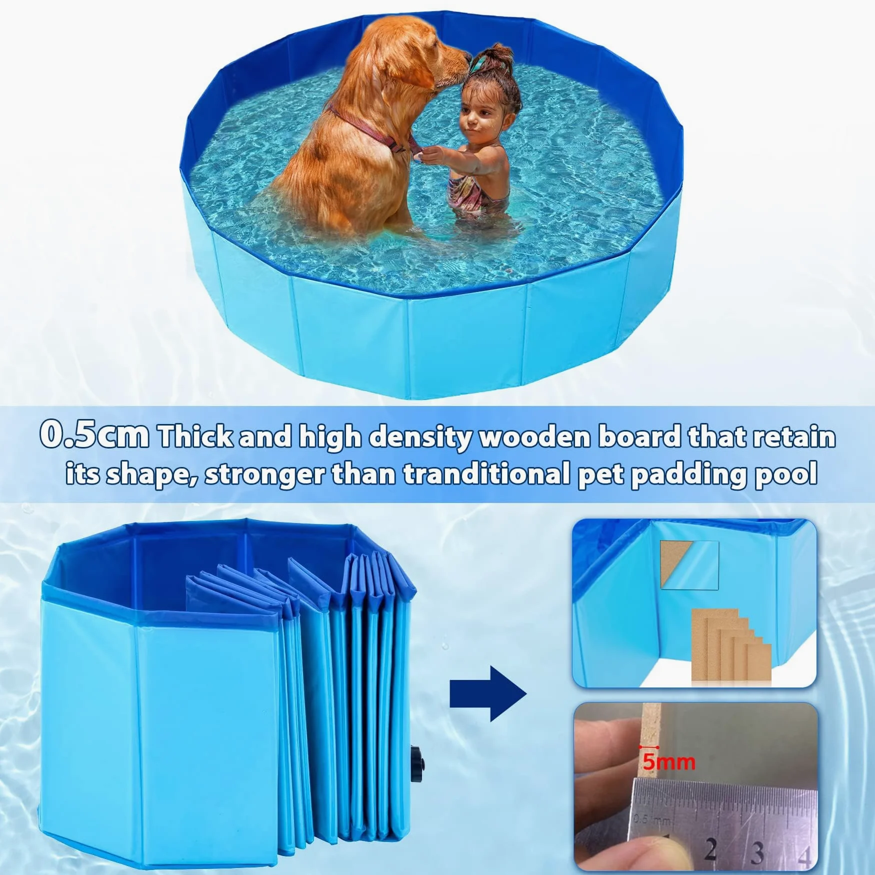 Piscina para Perros, 80 x 20 cm Plegable Piscina para Perros Pequeños, Portátil Bañera para Mascotas Gatos Niños para Interior o Exterior Segura Antideslizante (Azul)