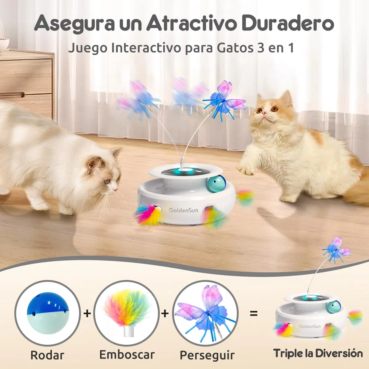 GoldenSun Juguetes para Gatos Recargable, Juguete Automático para Gatos 3 en 1, Pluma Móvil de Emboscada, Mariposa Aleteadora, Bolas de Rastreo, Golpea al Topo, Incluye 4 Accesorios