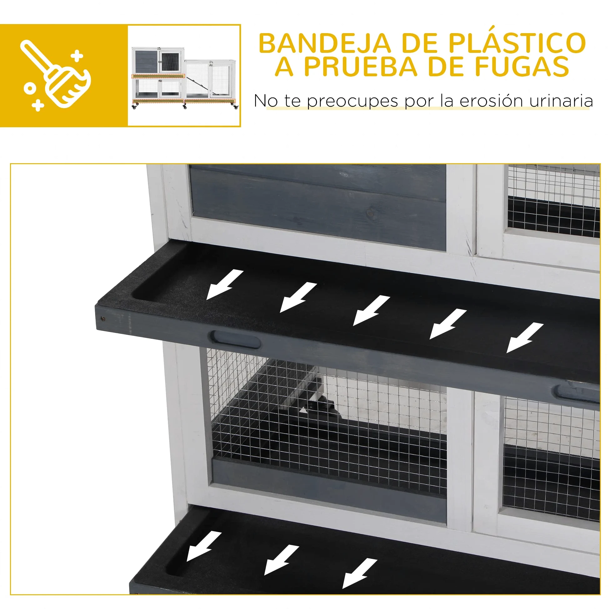 PawHut Conejera de Madera con Ruedas 147x45,5x88,5 cm Jaula para Conejos de 2 Niveles con Techo Abrible 2 Corrales de Metal 3 Bandejas Extraíbles 3 Puertas con Pestillo y Rampa Gris