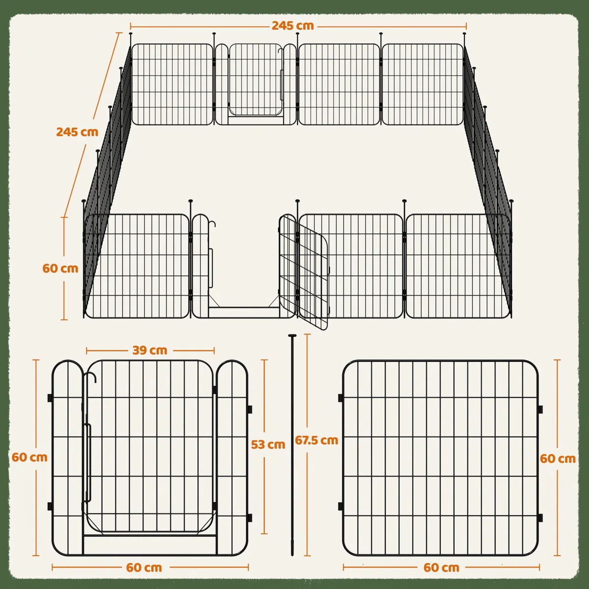 Yaheetech 16 Paneles Parque para Perros 60 x 60 cm con 2 Puertas Recinto Interior Reja Plegable para Cachorros y Conejos Perreras de Metal para Exterior con Estacas, Punta Ovalada y Plana