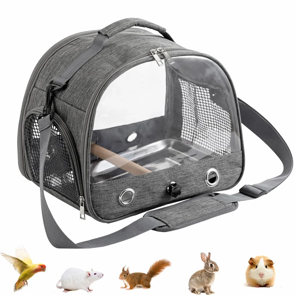 Transportador de viaje gris para pájaros con soporte y bandeja de acero inoxidable, jaula de viaje transparente y transpirable para mascotas, transportador portátil para loros pequeños