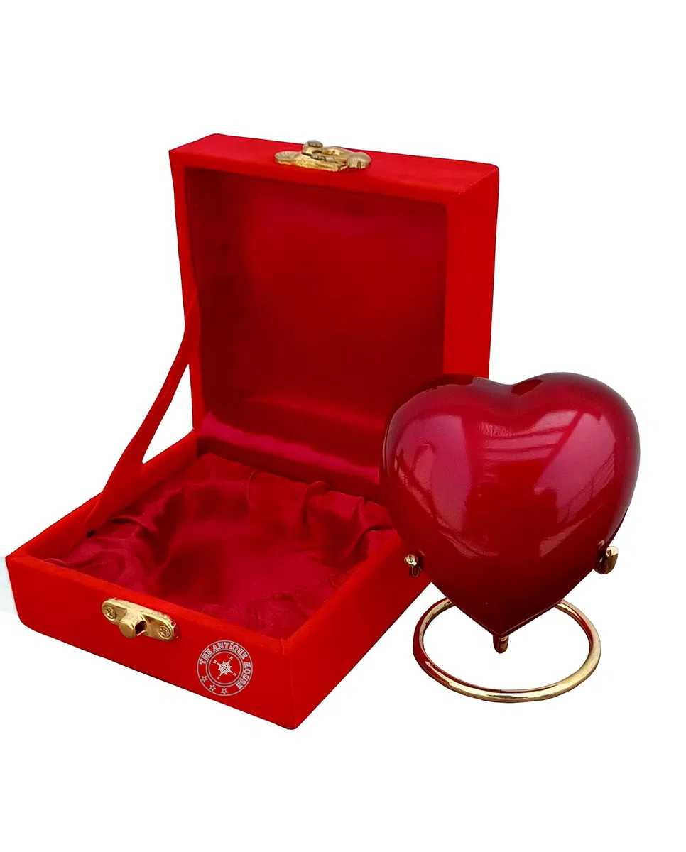 Urna de cremación para cenizas, urna de corazón rojo con caja roja y soporte de latón, mini urna conmemorativa para mascotas para tu ser querido