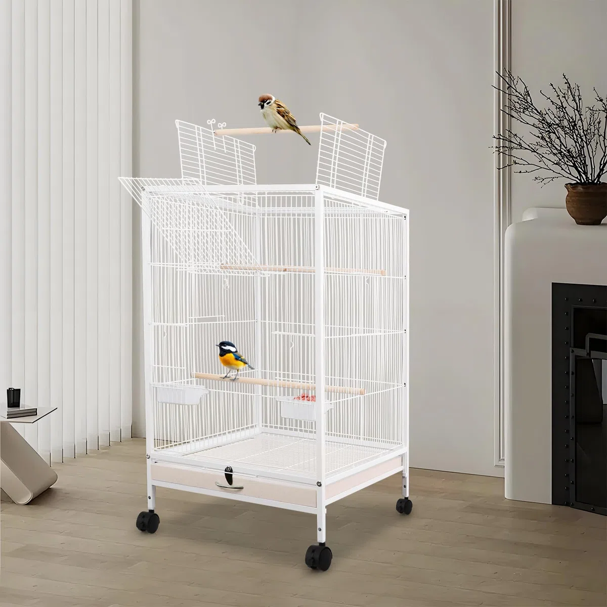 Jaula grande para pájaros, jaula interior para loros, pajarera de metal con ruedas de transporte, apertura hacia arriba, jaula para pájaros, 46 x 46 x 94 cm, jaula para periquitos con 3 perchas