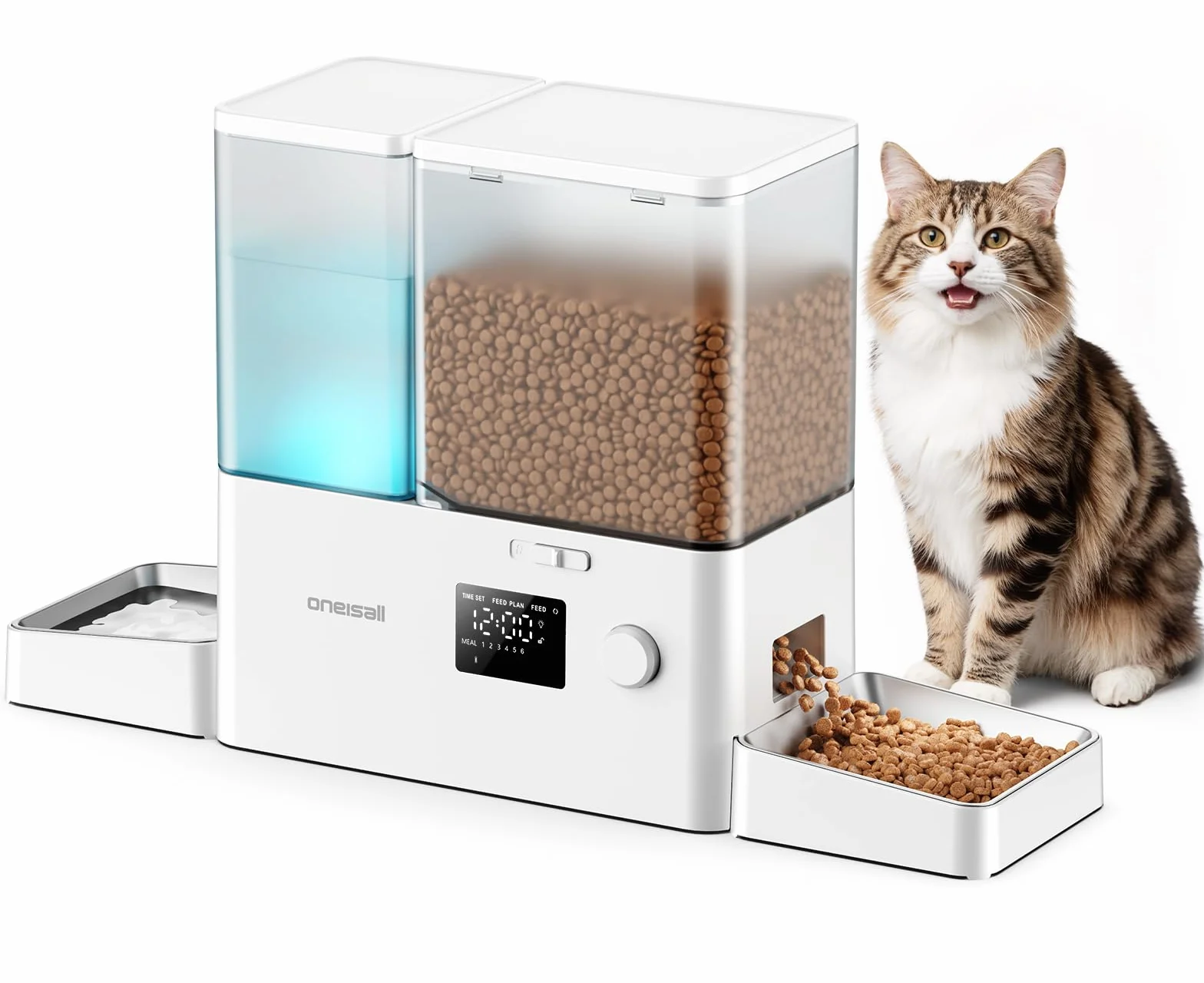 oneisall Comedero automático para Gatos y dispensador de Agua, 36 Tazas/8,5 L, 2 en 1, Agua Dulce, Gran Capacidad, dispensador de Alimentos para Gatos con Temporizador de 5L y Fuente de Agua de