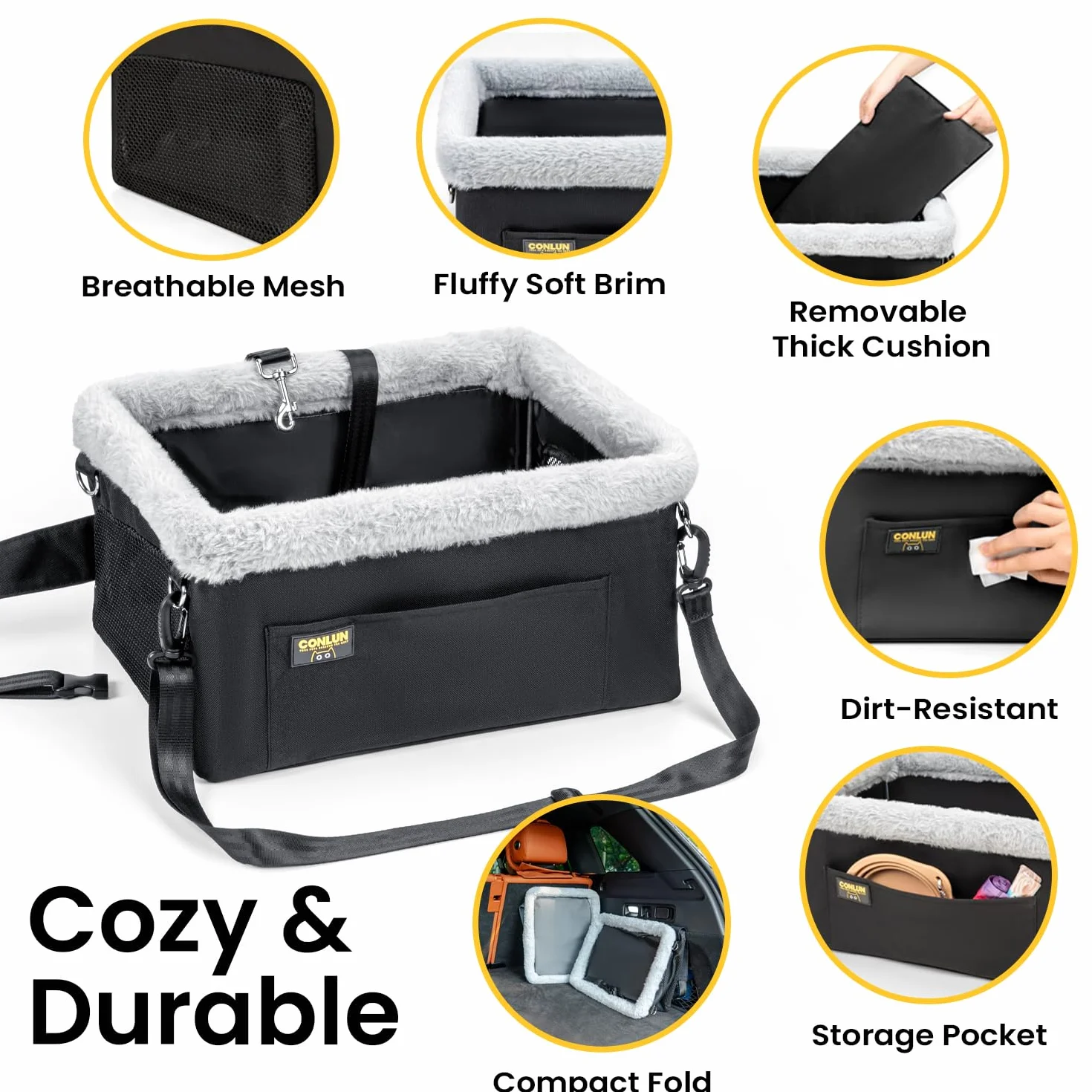 Conlun Asiento Coche Perro Pequeño y Gatos (hasta 9 kg) - Asiento Elevador Perro con Cinturón de Seguridad - Silla Coche Mascotas Plegable con Estructura de Acero (40x33x22 cm)