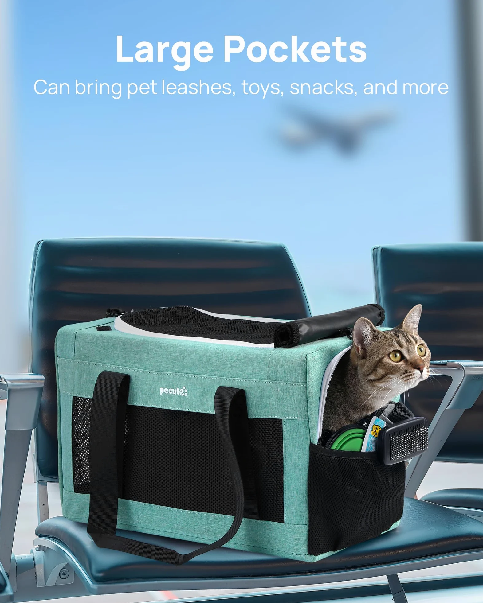 Pecute Transportin Gato Aviones permitidos, Estructura de Alambre de Acero Engrosado de 5 mm, Transportin Perro Pequeño con Parasol, Adecuada para Gatos y Cachorros de hasta 5 kg/11 Libras,Azul Lago