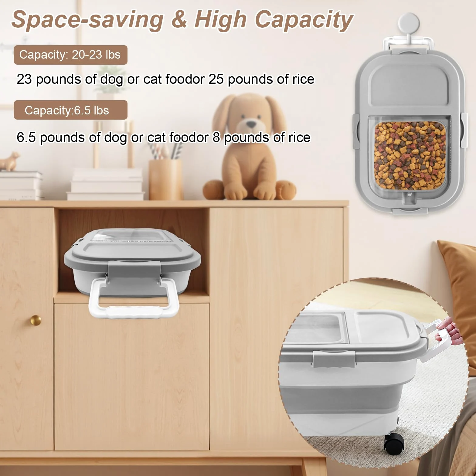 Contenedor Plegable para Alimentos de Mascotas 7-10kg, Contenedor de comida para perros, Recipiente Hermético con Ruedas, Cuchara Medidora, para Guardar Croquetas y Mantener su Frescura