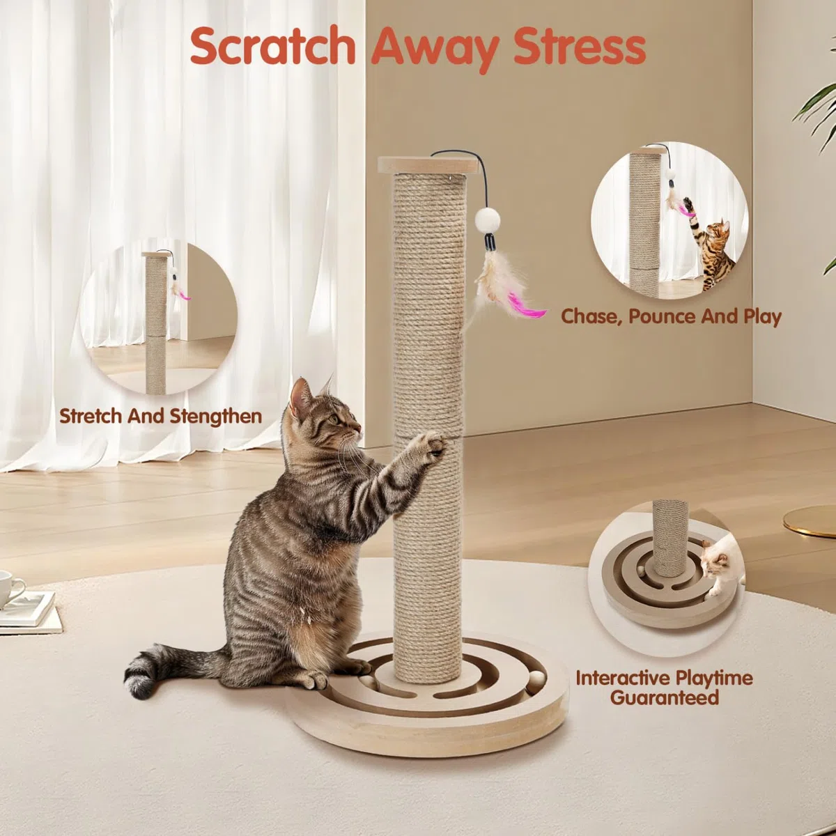 Nobleza Poste Rascador para Gatos con Base de Madera y Bolas, Árbol Rascador de Sisal Natural con Pluma, Juguete Interactivo 3 en 1, 55x30 cm