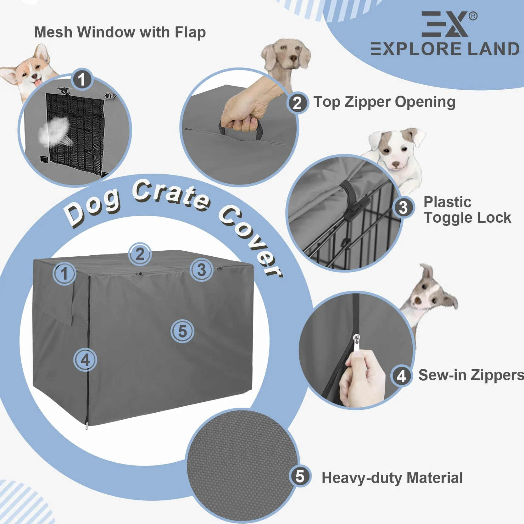 Explore Land Funda Duradera para Jaula de Perro, Funda de poliéster para Perrera, Ajuste Universal para jaulas de Alambre de 24 a 48 Pulgadas (36 Pulgadas (Paquete de 1), Funda Gris)