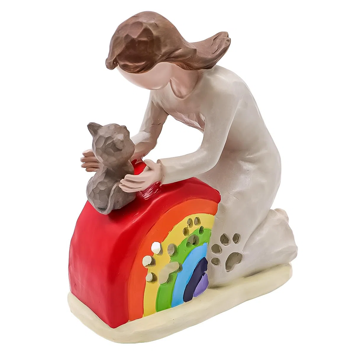 Regalo conmemorativo de gato Rainbow Bridge con estatua de resina artesanal de niña abrazando a un gato para expresar condolencias por la pérdida de una mascota.