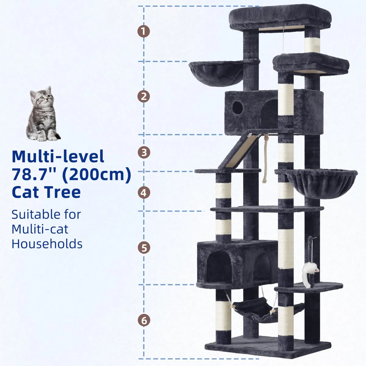 Gitelsnour rascador para Gatos Grandes, árbol para Gatos de Interior de 200 cm, con Amplia Plataformas Superior, Cuevas, Hamaca, rascadores, Gris Ahumado GCT031G