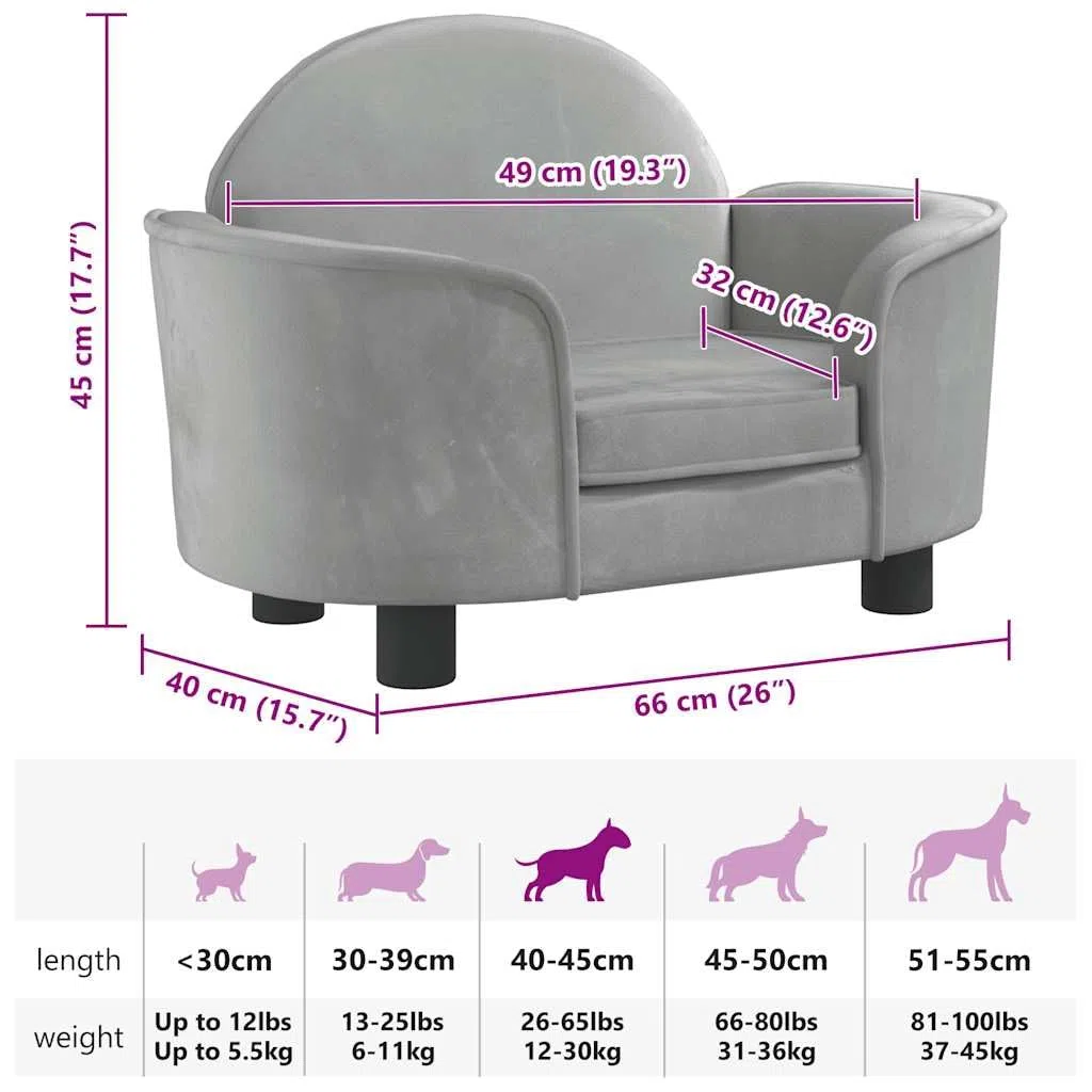vidaXL Cama para Perros de Terciopelo Gris Claro 66x40x45 cm, sofá para Perros, Cama para Cachorros, Asiento para Perros, sofá para Mascota