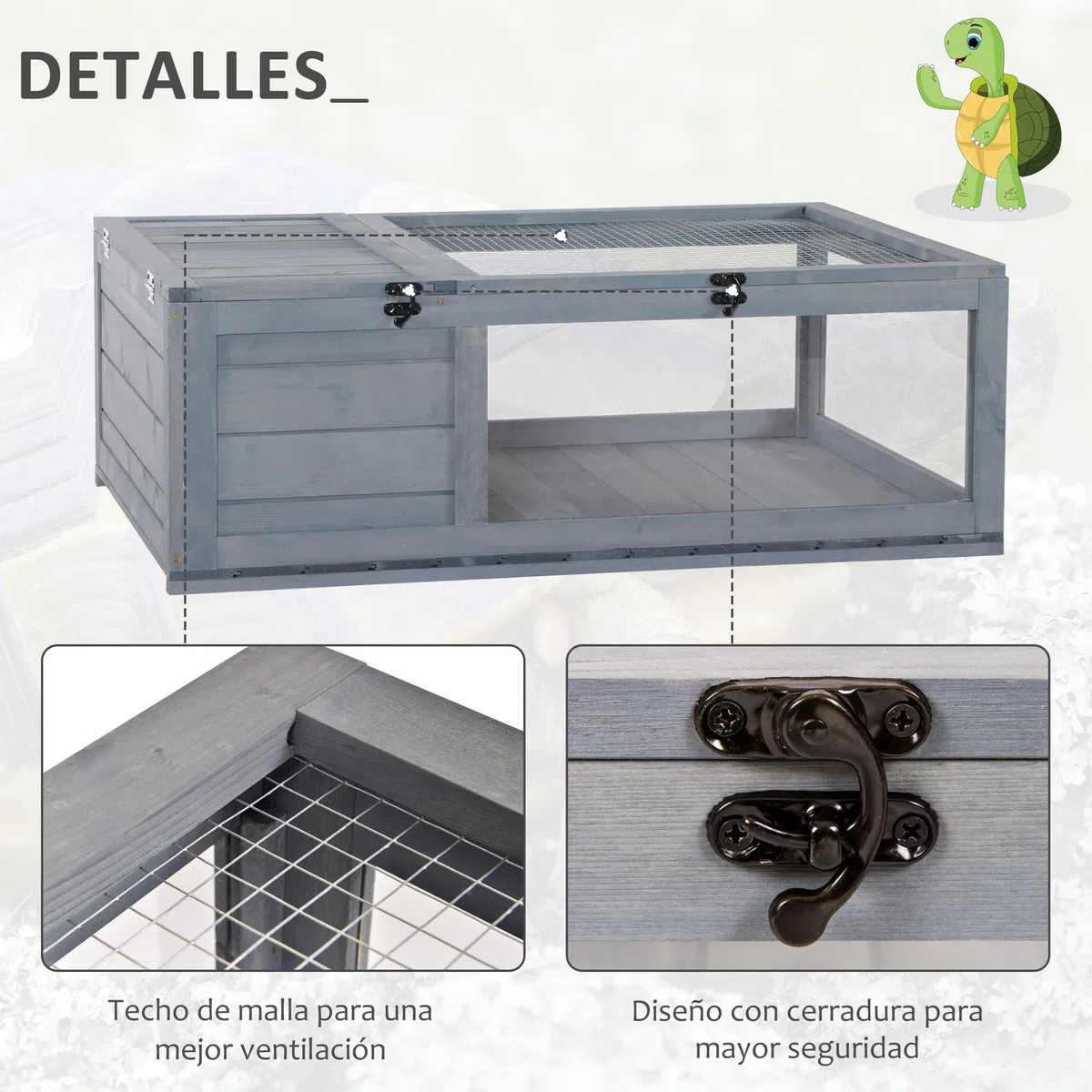 PawHut Casa para Tortugas de Madera, Terrario para Reptiles con Techo de Malla, Paneles Laterales Transparentes Extraíbles y Pestillo de Seguridad, Caseta para Tortugas, 91x60,5x32 cm, Gris