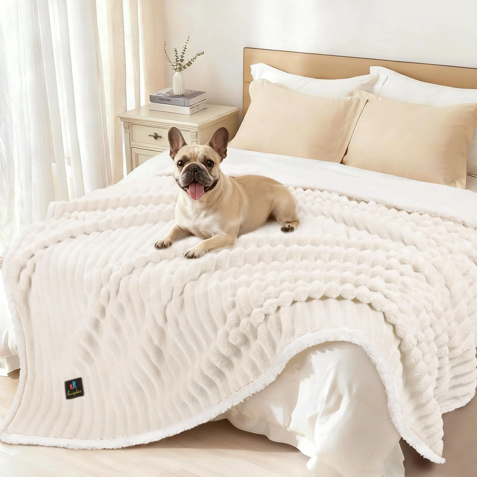 luciphia Manta Impermeable Lavable,Manta de Felpa para Mascotas Adecuada para Gatos,Perros y Cachorros,Manta para Perros Medianos y Grandes Que Protege Colchones y Sofás,Beige 145 * 165cm