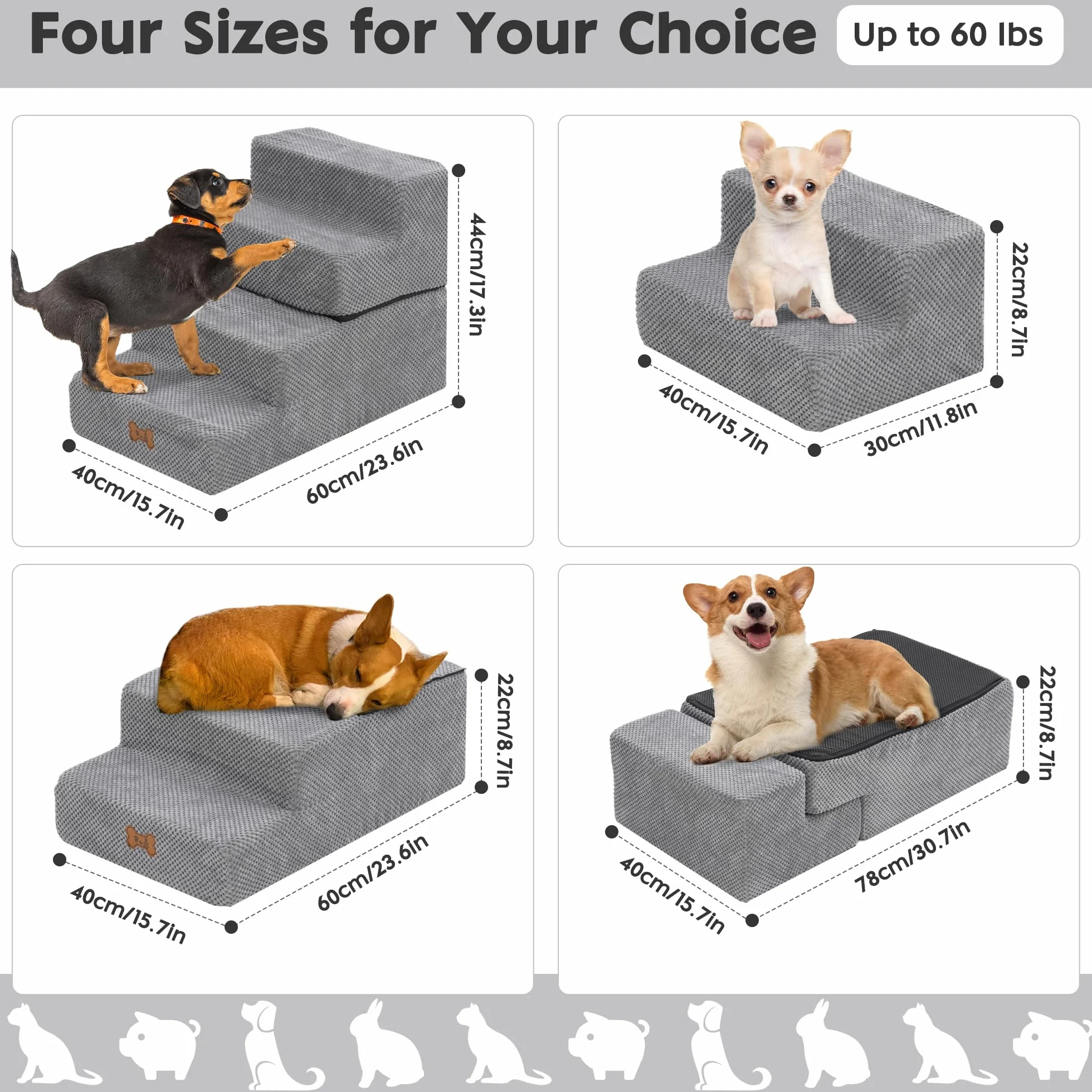 Escaleras para Perros 4 Escalones, Rampa para Mascotas Extraíble y Lavable, Escalera Antideslizante para Ccachorros, Rampa para Perros Pequeños y Gatos, para Sofá o Cama, Gris