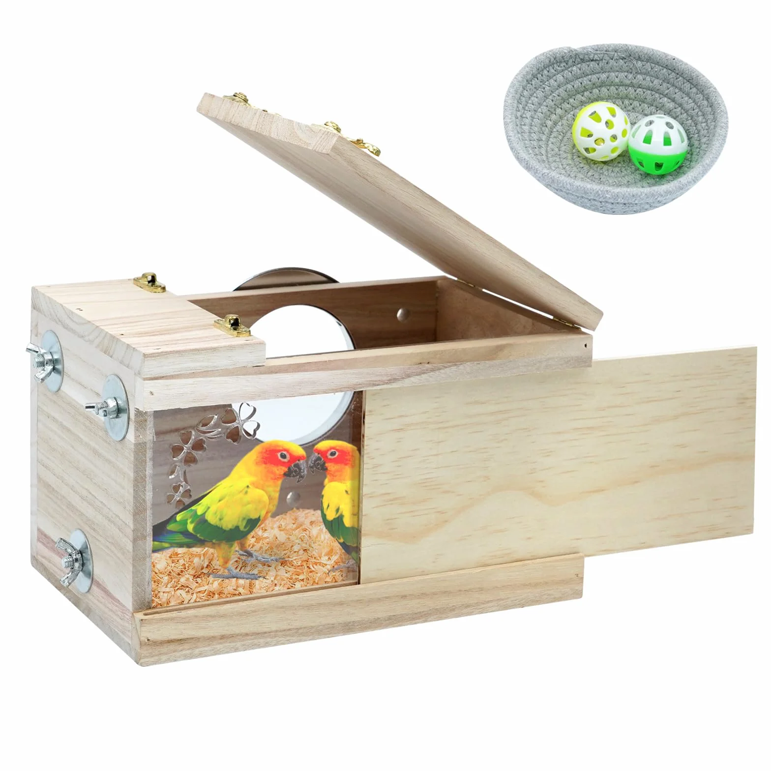 Caja nido de madera para pájaros, nido de cría de periquitos para tortolitos, caja de apareamiento para pájaros silvestres, jaula para periquitos, casa de cacatúas, gallineros