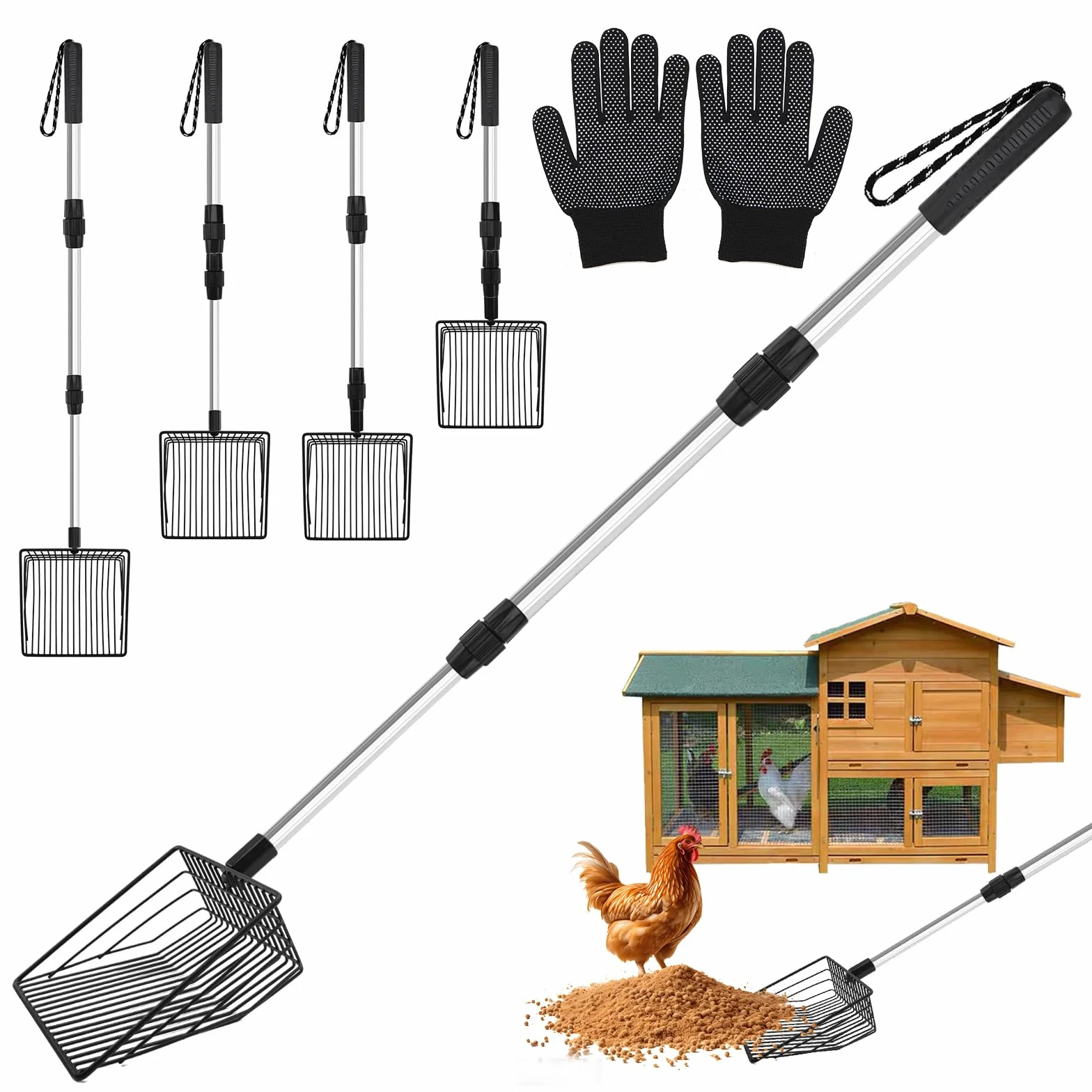 BINYI Cuchara de Arena para Gatos de Acero Inoxidable Pala para Excrementos de Gallina Pala de Arena Pala de Malla Litter Scoops Accesorios para Gallinero y Arena de Gato Negro