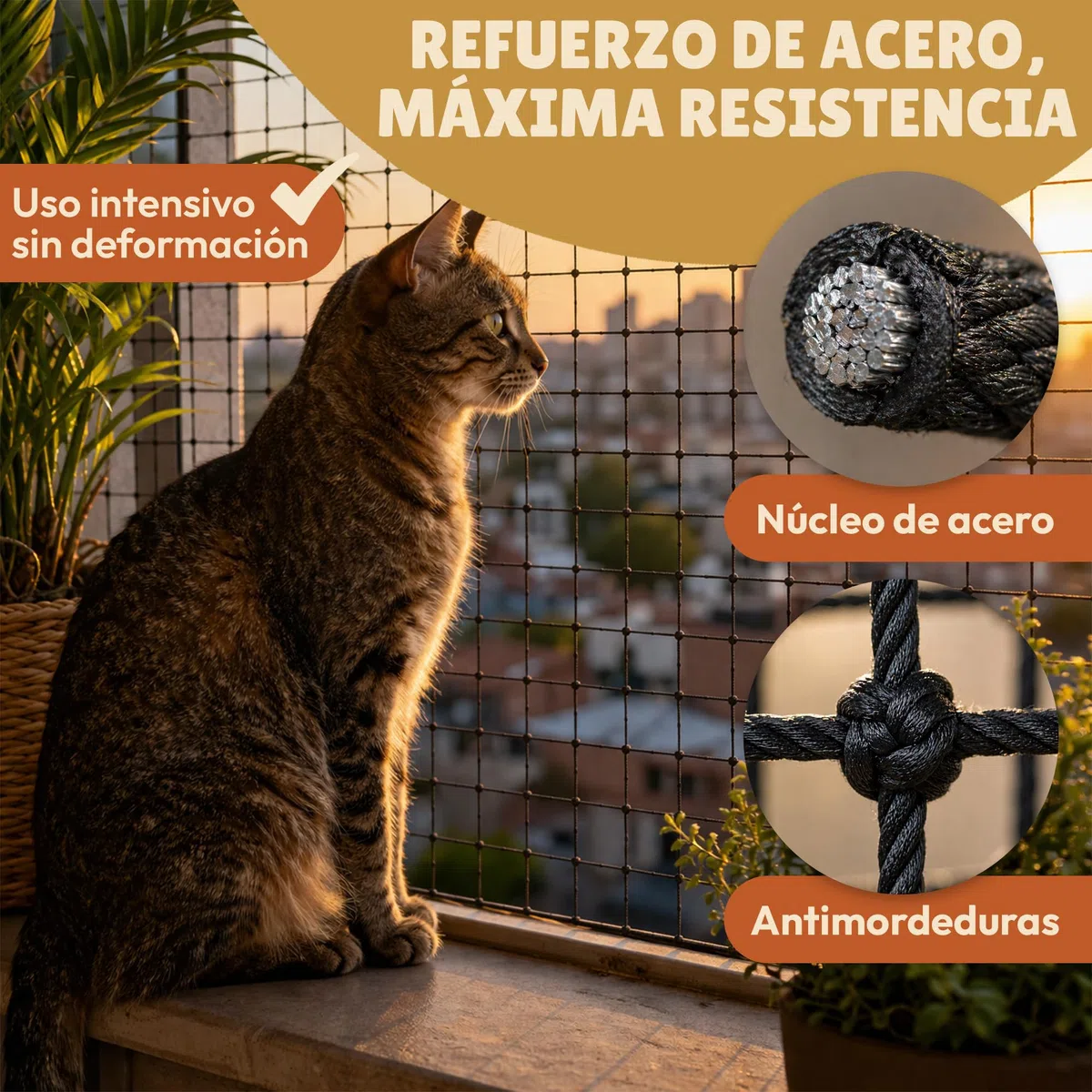 Para Gatos Terraza Reforzada Con Acero, Malla Metálica De Seguridad Anticaídas Balcón, Ventanas Y Exterior Kit Completo Instalación 25 Bridas, Tacos Ganchos Resistentes, Red, 4x3m