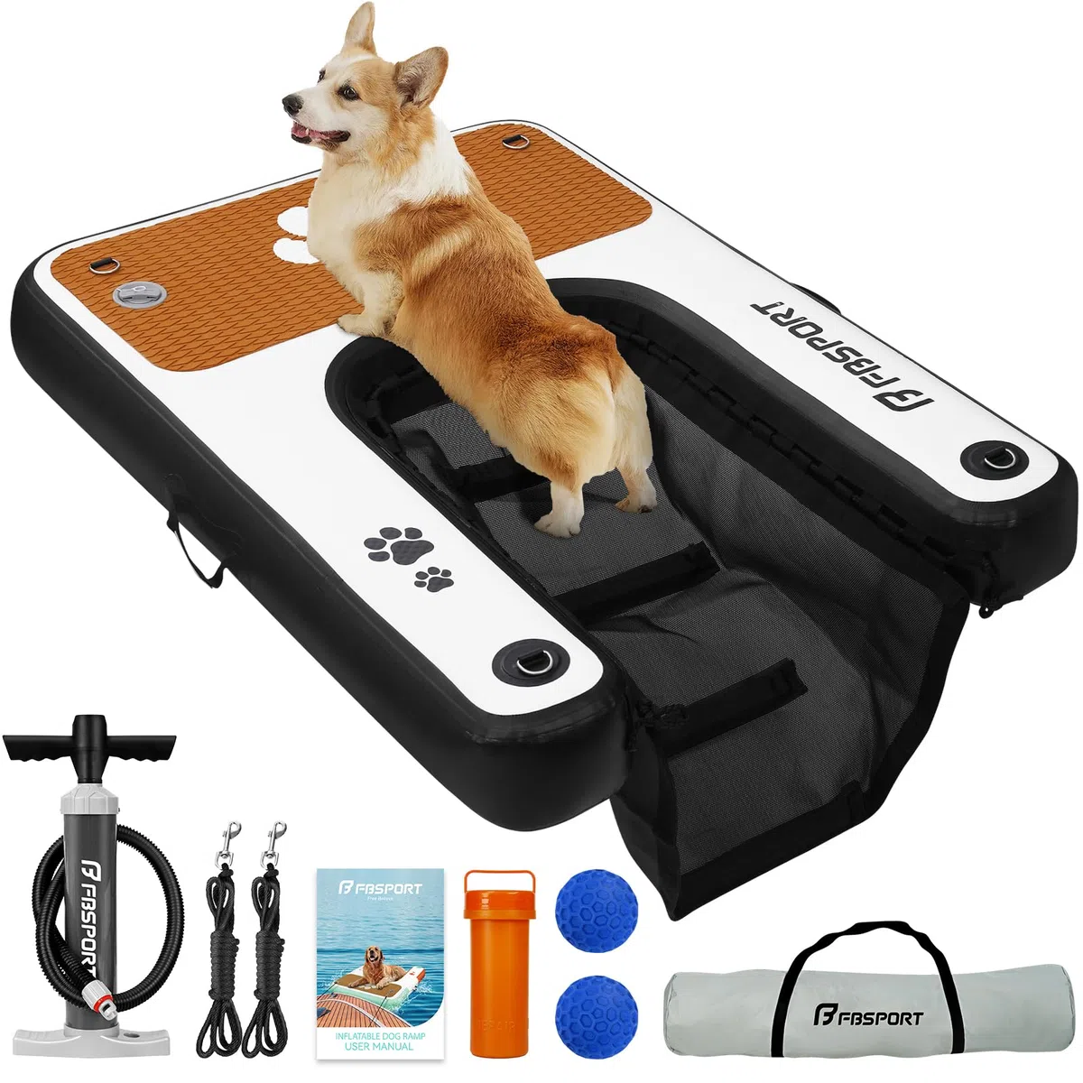 FBSPORT Rampa de Agua Hinchable para Perros, Escalera Flotante para Muelles Piscinas, Barcos, Lagos, Antideslizante de EVA para Perros de hasta 100 kg