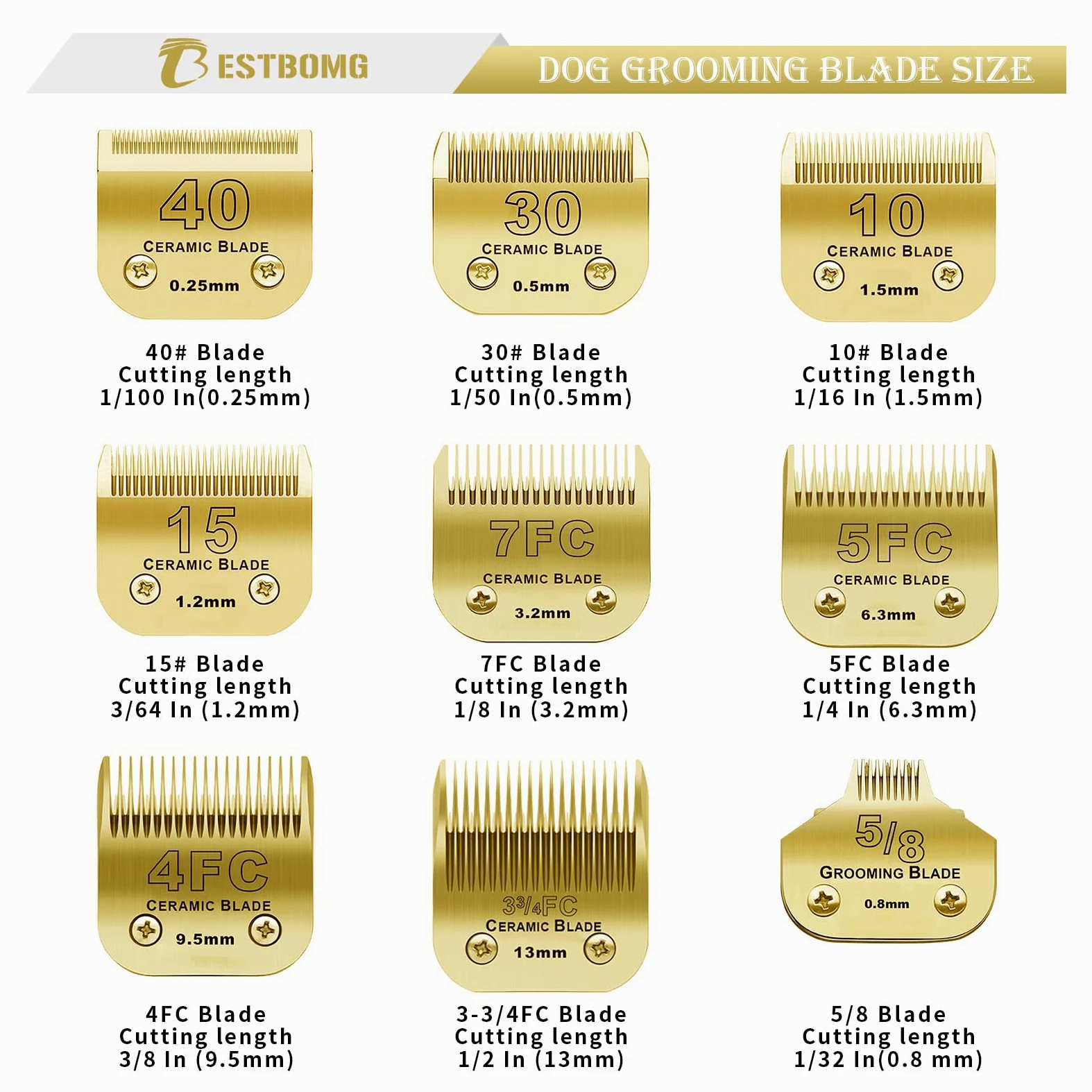 BESTBOMG 2 unidades 30 # Cuchilla de repuesto para aseo de perros, compatible con las series Heiniger/Moser Max45 /Andis/Oster A5 Recortadora para perros, tamaño 30 # Corte longitud1/50 (0,5 mm), oro
