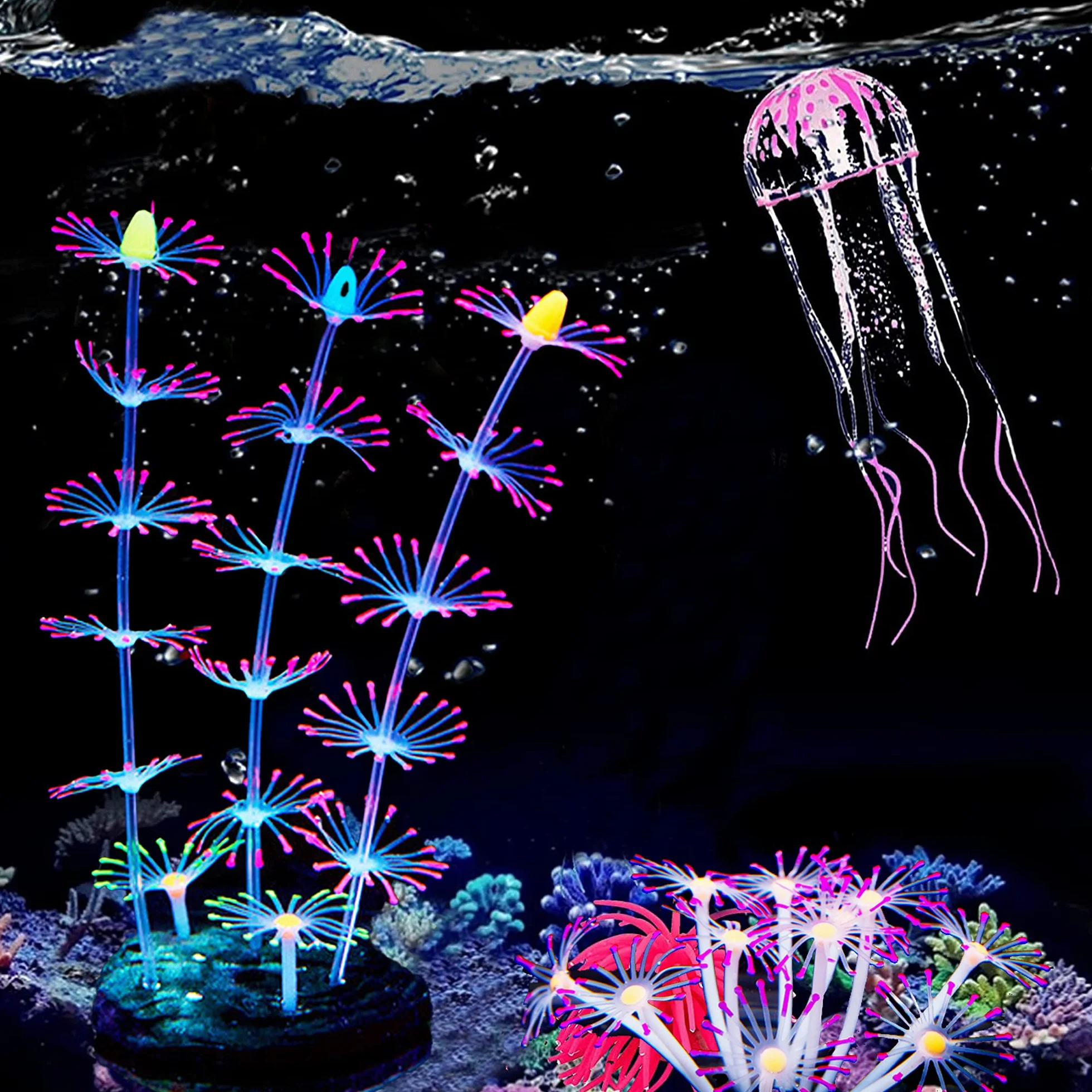 Cayway 4 piezas de decoración de peceras de silicona para acuario, plantas con coral de silicona de imitación, corales de cuerno artificial, anémona de mar artificial para pecera, paisaje de acuario