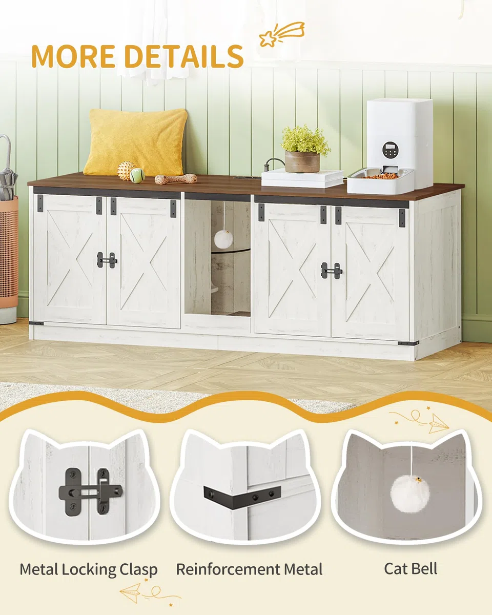 Hzuaneri Armario para Gatos, Mueble Arenero Gato con Puertos USB y Tomas de Corriente, Mueble Arenero Oculto de 140cm para 2 Gatos, Casa para Gato de Interior, Marrón Rústico y Blanco CB82514X