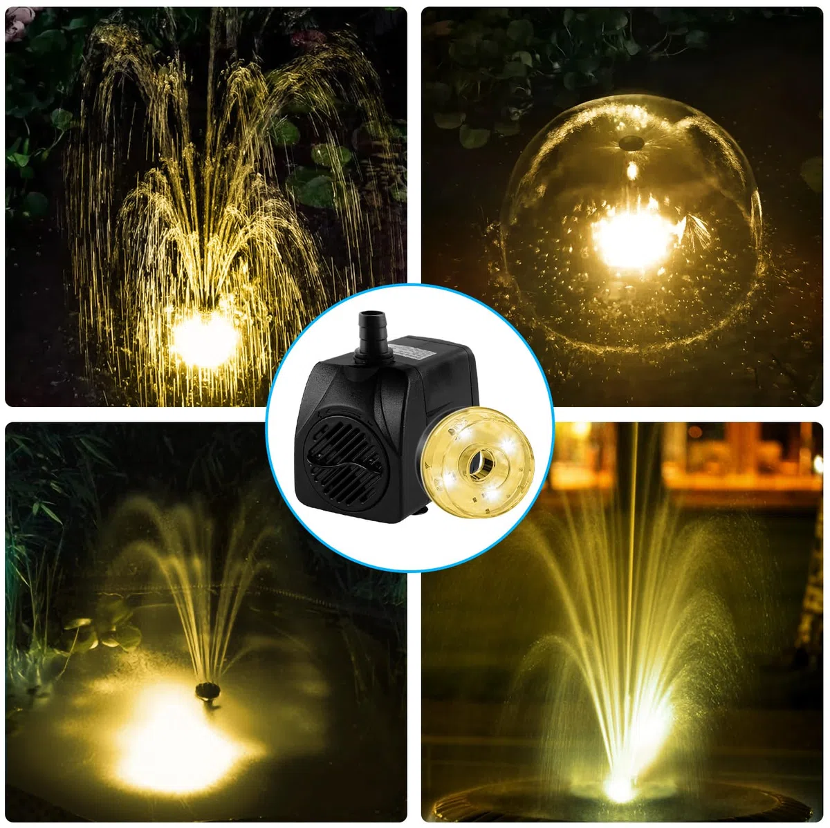 NATPOW Mini Bomba de Agua Sumergible con Luz LED 3000K, 15W 800L/H Bomba de Acuario con 3 Buses Boquillas, Cable 3M, Ultra Silenciosa Bomba para Acuario Fuente Estanque Estatuas