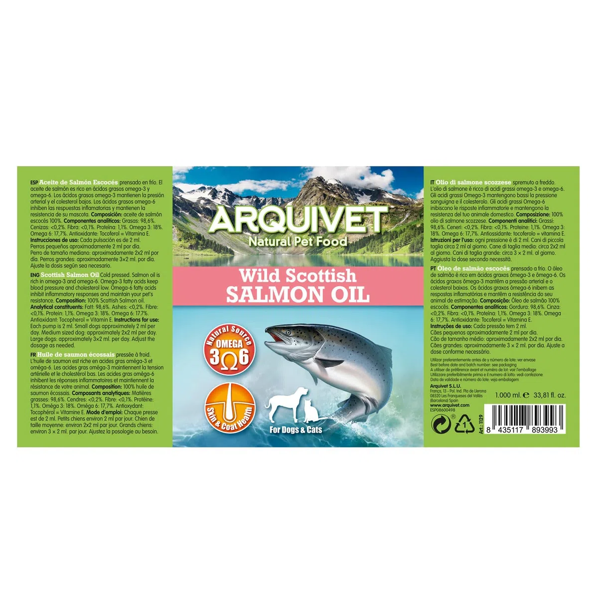Arquivet - Aceite de salmón escocés - 1 Litro - para Perros y Gatos