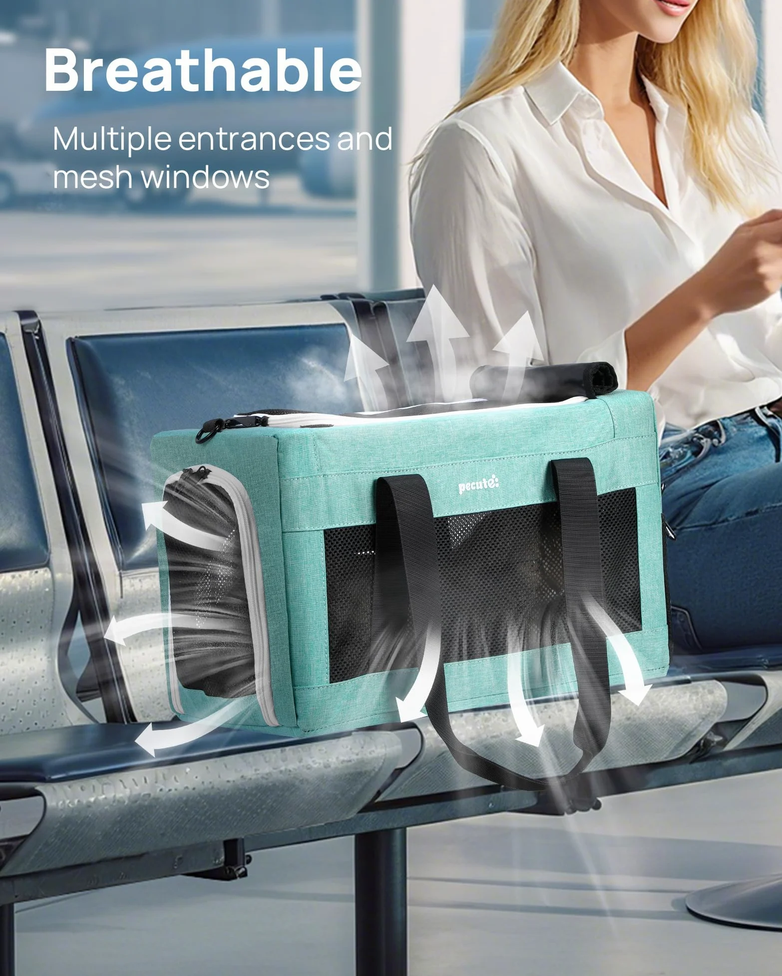 Pecute Transportin Gato Aviones permitidos, Estructura de Alambre de Acero Engrosado de 5 mm, Transportin Perro Pequeño con Parasol, Adecuada para Gatos y Cachorros de hasta 5 kg/11 Libras,Azul Lago