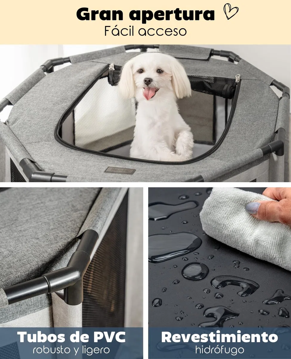 lionto Parque para Perros en Tela Oxford, Malla Transpirable, con Cremallera y Bolsillo Lateral, Estructura de Tubos PVC, Jaula Octogonal para Perros y Gatos, 72x72x43 cm, Gris