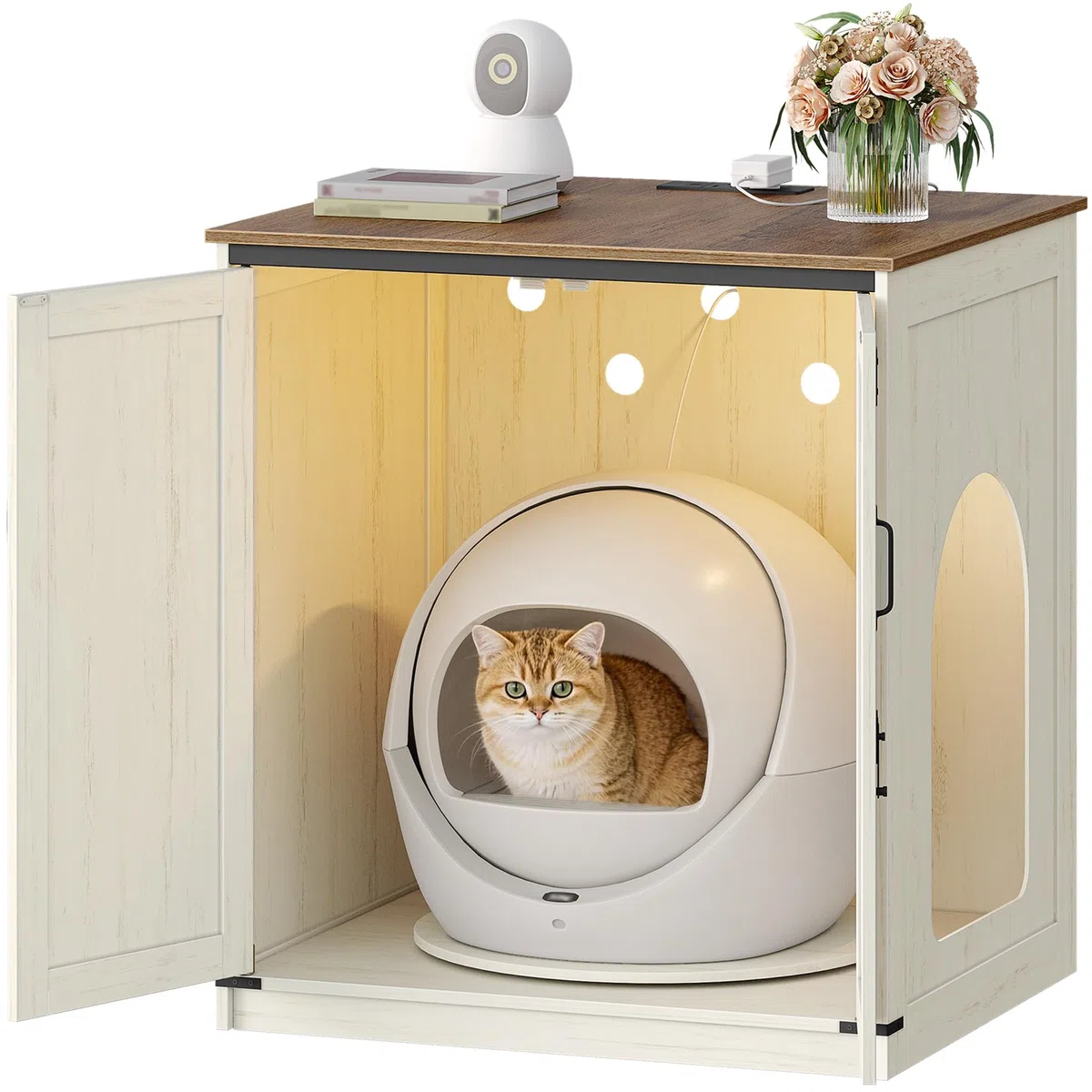 Hzuaneri Mueble Arenero Gato Grande, Caseta Madera Escondite Arenero para Arenero Autolimpiante con Plataforma Giratoria y Estación de Carga, con Cerradura, 82x70x90cm, Marrón Vintage y Blanco