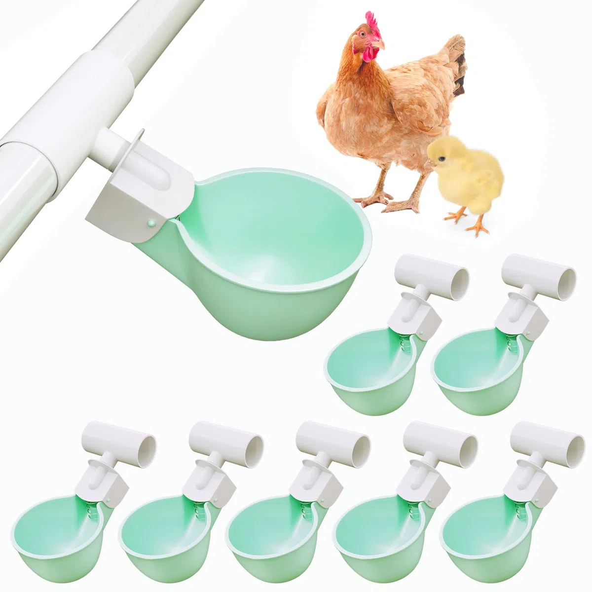 8 unidades de tazas de agua para pollo con accesorios de PVC en T para tubo de 1/2 pulgada, sistema automático de riego de pollo, anti-fugas, contiene un 50% más de agua, adecuado para pollos, patos