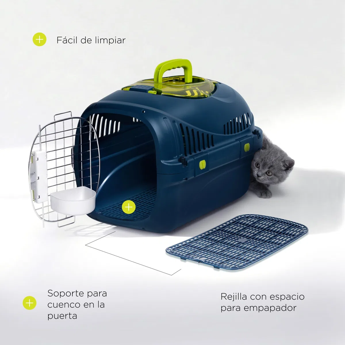 Safy Transportín para Gatos Rígido, Carcasa PP, Puerta de Metal con Doble Cierre Seguro, Ventilación 360, Asa Plegable, Rejilla para Empapador y Cuenco Colgable, para Coche y Viaje, hasta 5 kg