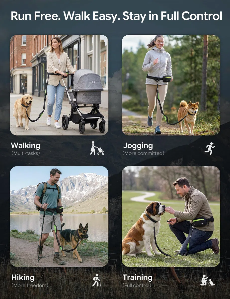 Pecute Correa Perro Cintura Manos Libres con Riñonera Impermeable, Correa Antitirones para Perros con Cuerda Elástica Amortiguadora, Doble Asa Reflectante para Correr Pasear Entrenar 15-55kg