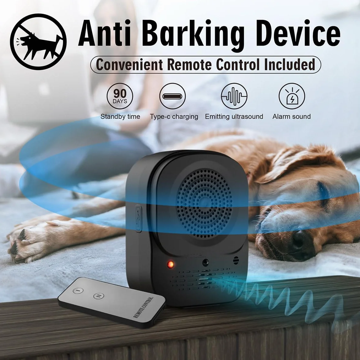 Antiladridos para Perros Ultrasonidos, Auto Dispositivo Impermeable para Control de Ladridos con Mando a Distancia Alcance 49ft, 4 Frecuencias Ajustables, Efectiva para Uso Interior & Exterior