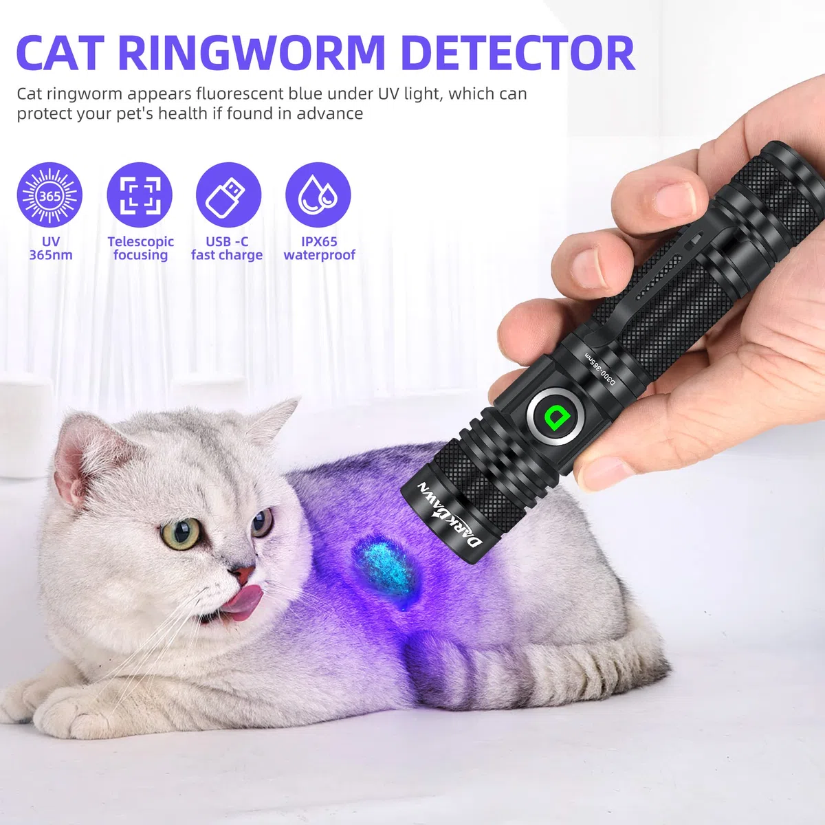 DARKDAWN UV 365nm Luz Linterna USB Recargable, Ultravioleta LED Luz Negra Lámpara de Wood Portátil, Fluorescente Mini Detector de Orina de Mascotas Manchas, Uranio Vidrio, Curado de Resina, 2 Paquete