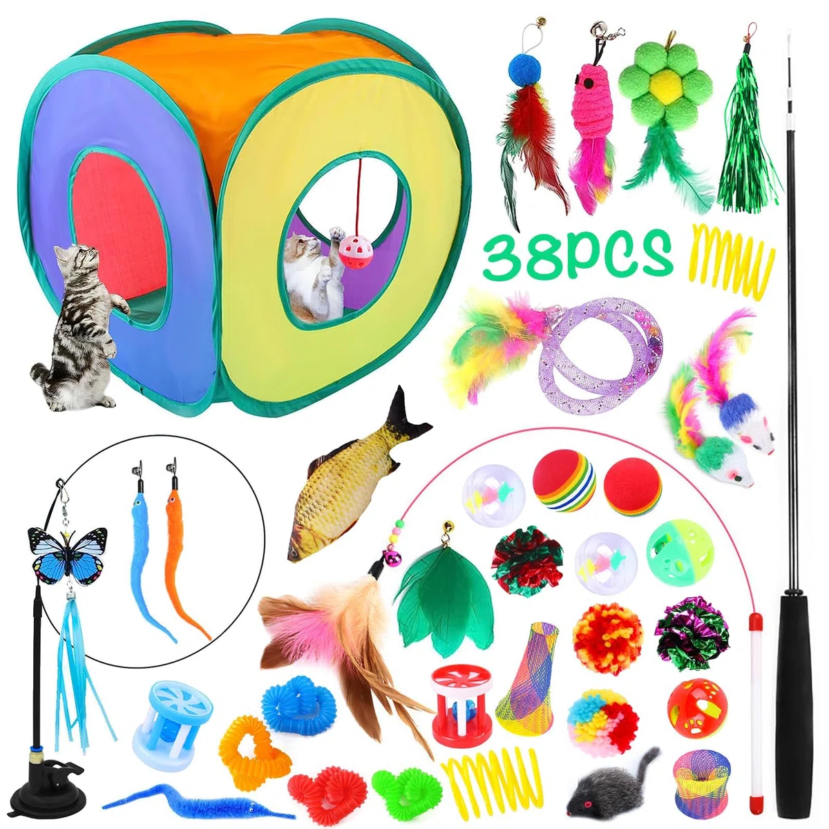 Juguetes para Gatos,38pcs Juguete Interactivo para Gato,Juguetes Gatos con Túnel para Gatos,Ratones,Varita de Plumas,Peces,Bolas y Campanas