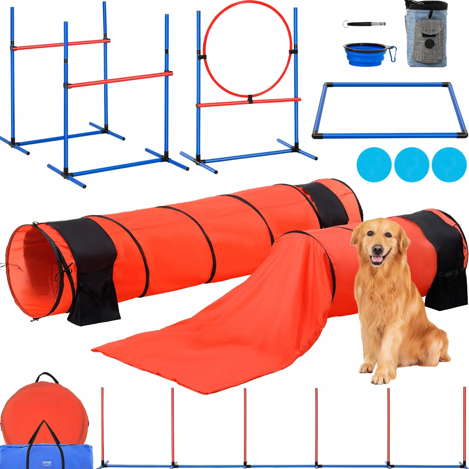 VEVOR Kit de Equipo de Entrenamiento de Agilidad para Perros 7 Piezas Carrera de Obstáculos para Cachorros con Vallas Altas Ajustables 6 Postes Túneles Arco de Salto Caja de Descanso Silbato Cuenco