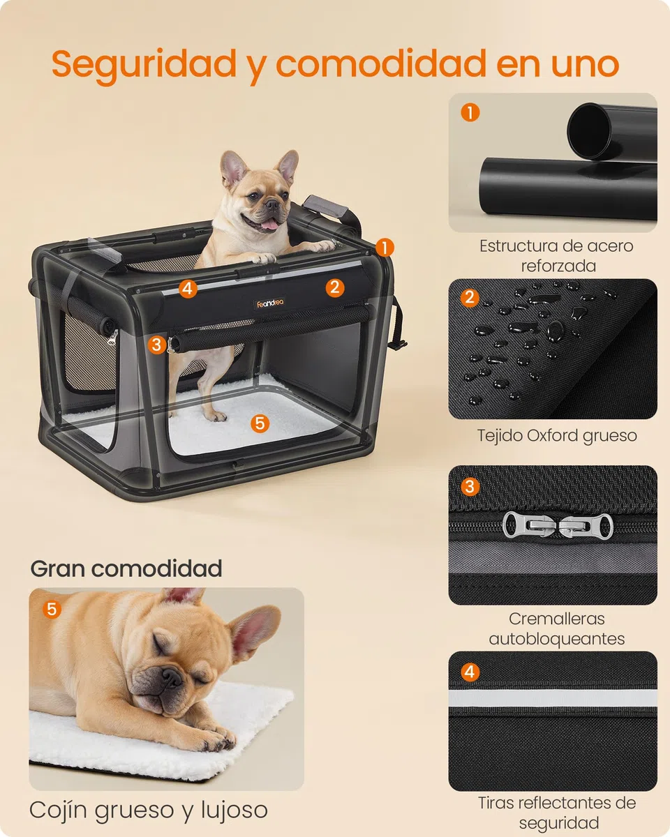 Feandrea Transportín para Perros, Plegable, 60 x 42 x 42 cm, para Perros Pequeños, Tela Oxford, Puertas de Malla, Asas y Bolsillo de Almacenamiento, Negro Tinta PDC016B01