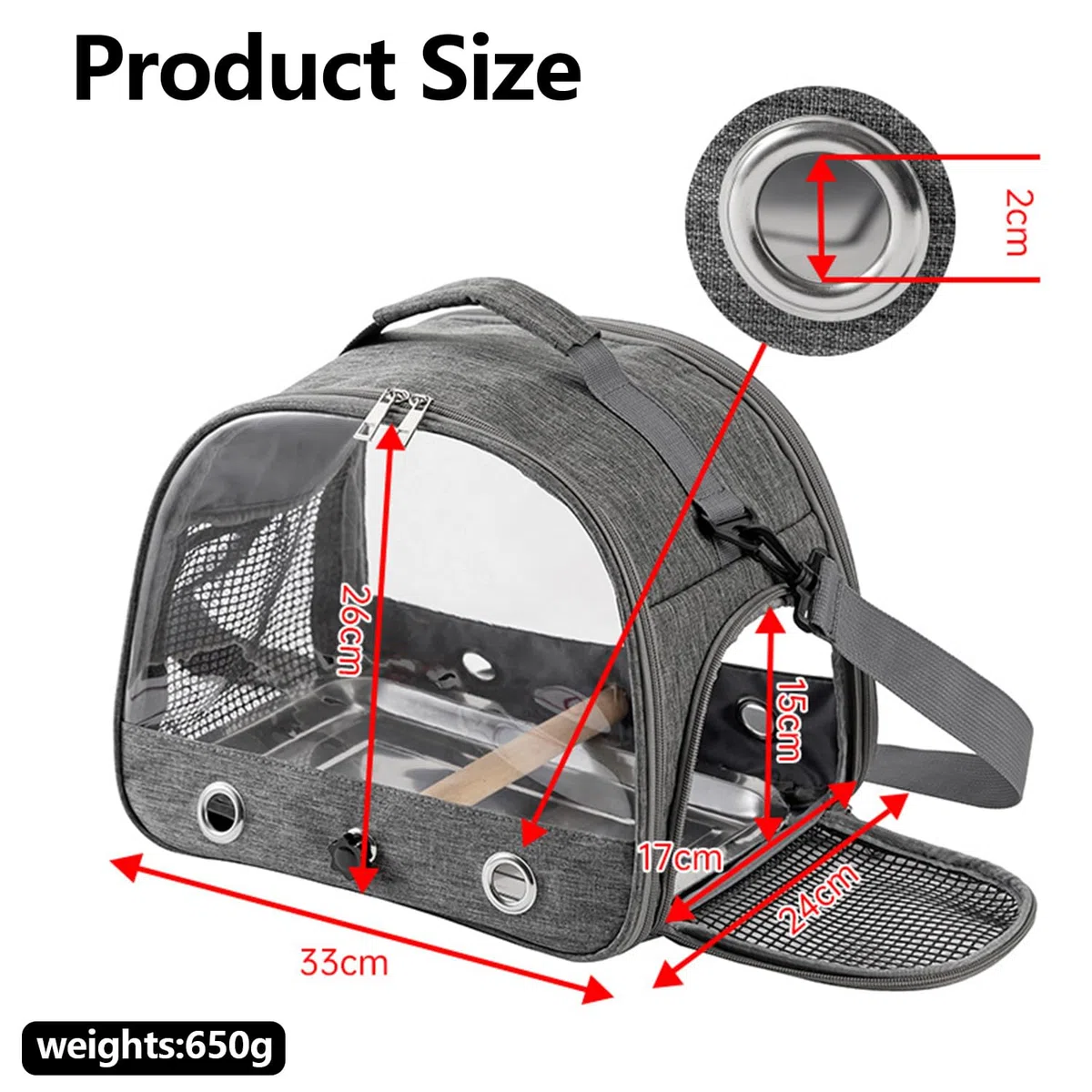 Bolsa de transporte para pájaros, portátil, transpirable, jaula de viaje con bandeja y postes de acero inoxidable, apto para pájaros, animales pequeños (gris)