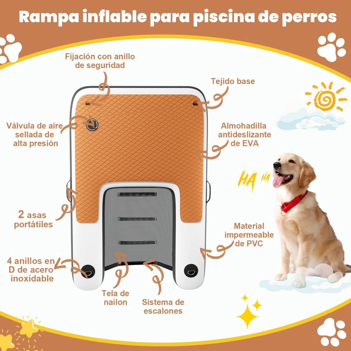 120 x 100 cm Rampa de Agua Hinchable para Perros, Resistente a los Desgarros y Duradera, Rampa Hinchable para Perros de hasta 100kg, Ideal para Piscinas, Barcos, Muelles y Lagos