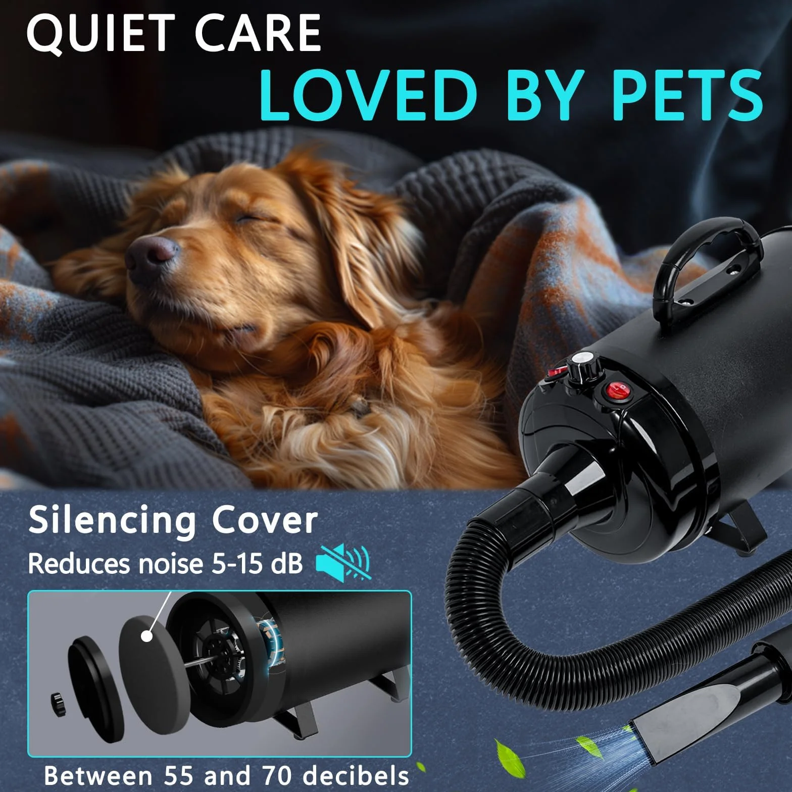 Secador de Pelo de Perro Blaster 3800 W/5.2 HP, secador de Pelo para Mascotas, Calentador de Temperatura de bajo Ruido con 4 boquillas Diferentes y Cepillo de Aseo para Mascotas