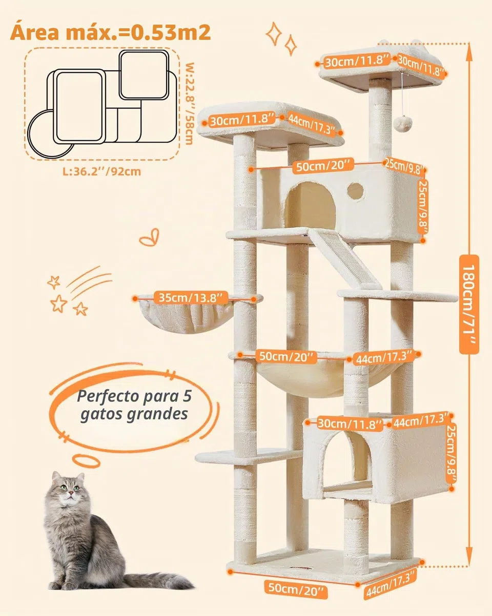 TaoqimiaoRascador para Gatos Grandes, 180CM Estable Arbol Rascador para Gatos com Cuevas, Cesta, Hamaca, Postes, MS026LM Beige