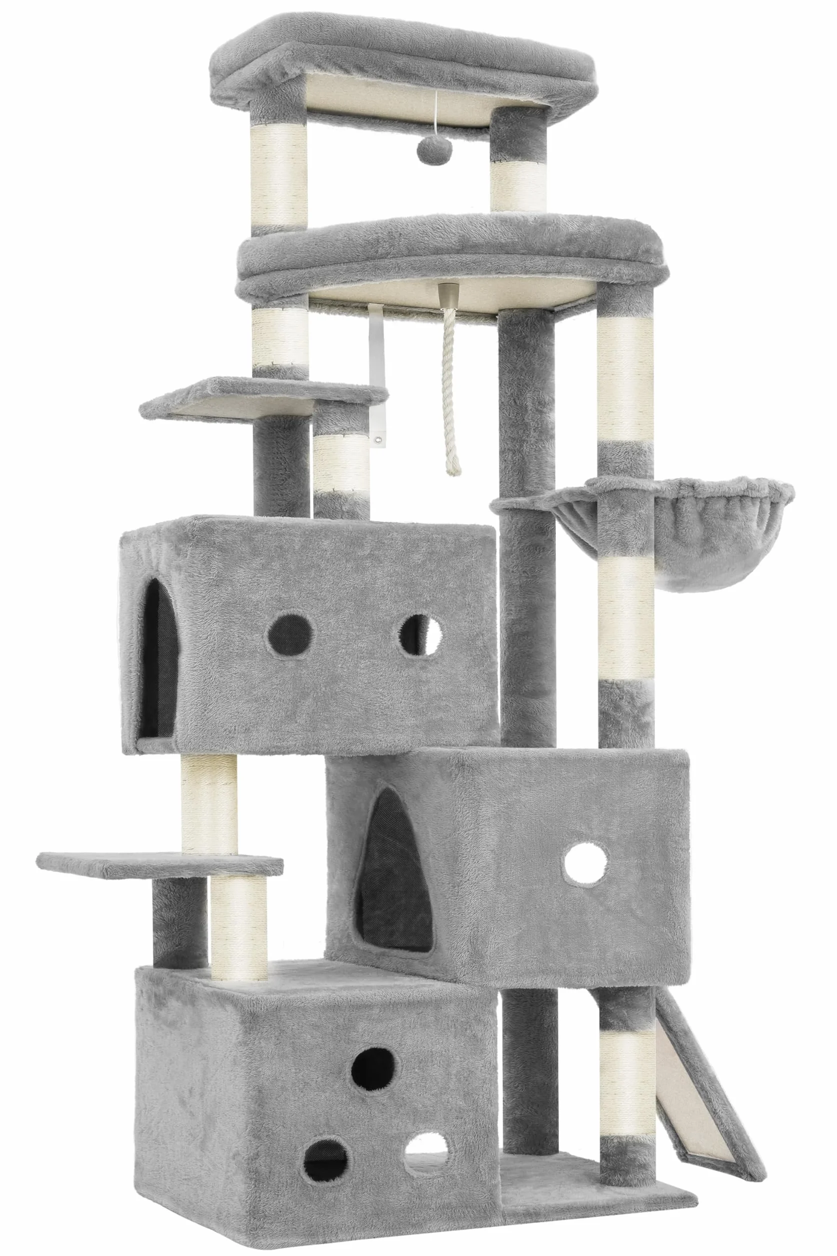 Heybly Rascador para Gatos XXL, 188 cm Árbol Rascador para Gatos Grandes, Torre de Múltiples Pisos, 3 Cuevas Escalonadas, Amplias Perchas Descanso, Postes y Tablas de Sisal, Gris Claro HCT061W