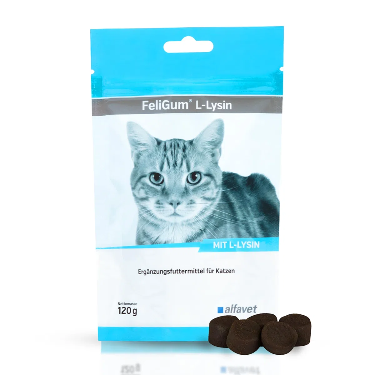 Alfavet FeliGum L-Lisina en caso de Coryza, complemento alimenticio para gatos, bolsa de 120 g, aproximadamente 60 pastillas para masticar